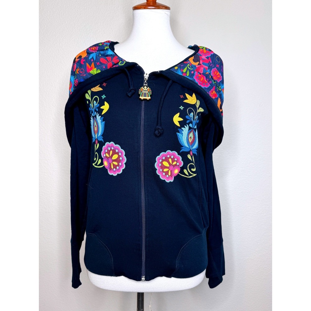 AY GUEY Full Zip Womens Hoodie Small Medium Navy Multi Color Floral Mexico Art